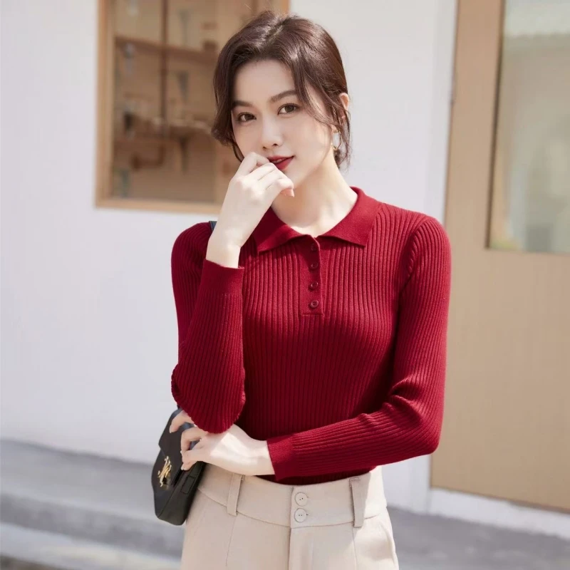 

Spring Autumn Simplicity Solid Color Turn-down Collar Long Sleeve Pullovers Female Fashion Buttons Knitting Elasticity Sweater