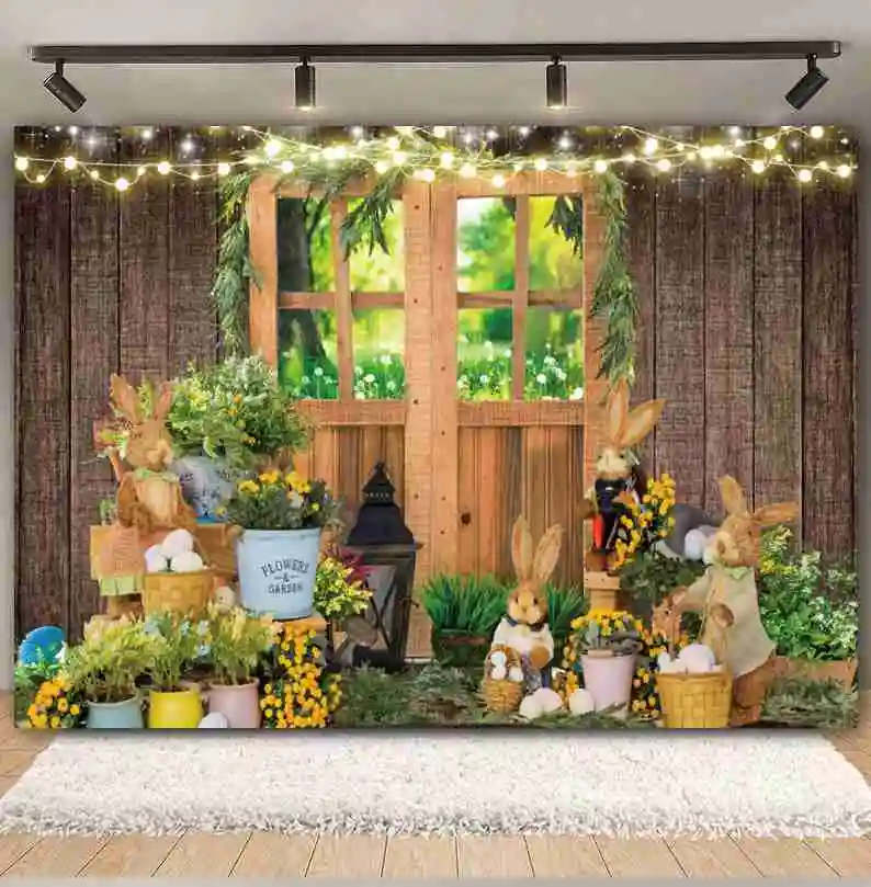 Spring Easter Backdrops Easter Colorful Eggs Bunny Green Grass Garden Flower Rabbit Baby Portrait Photography Background Decor