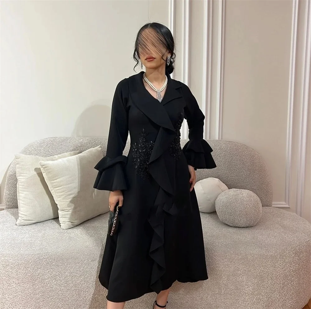 

Black Beaded Long Sleeves Bespoke Occasion Gown Evening Dresses Pastrol Unisex Jersey Retro Dubai Saudi Arabic Prom Customized