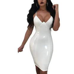 Women Backless Sexy Suspenders Dress Deep V-neck Slim Fit Wrap Hip Erotic Dresses Female Nightclubs PU Leather Back Zipper Gown