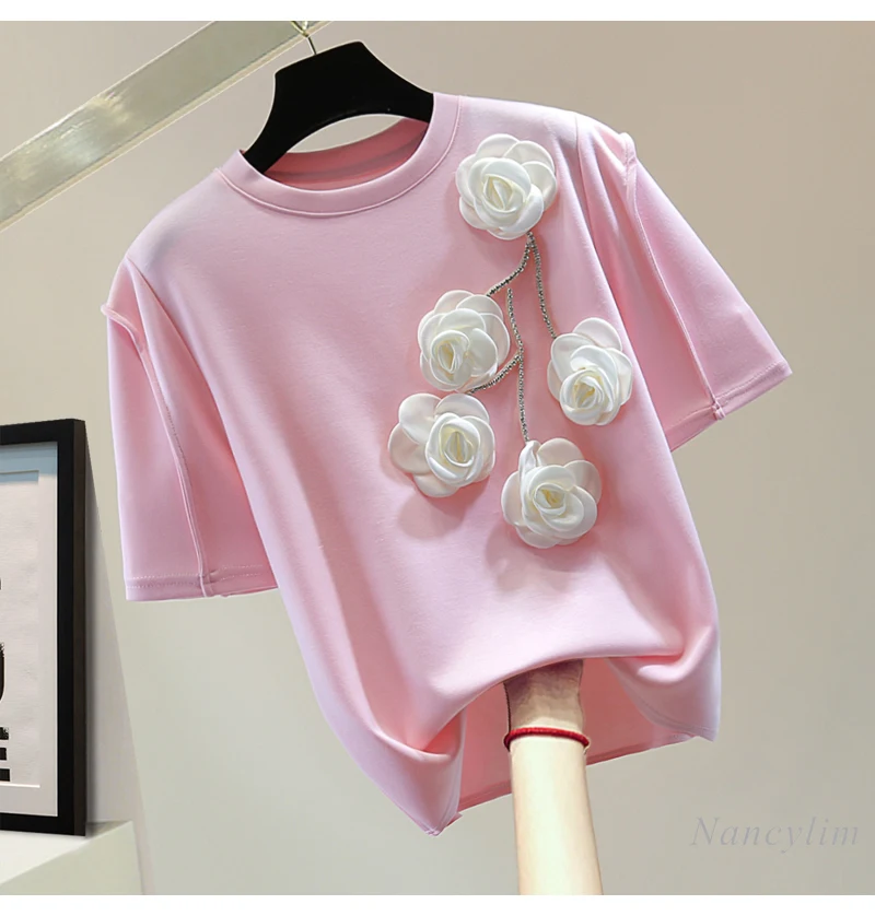 Flower Diamond Crew Neck T-Shirt for Women Girls 2025 Spring and Summer Loose and Slimming Solid Color Casual Short Sleeve Top