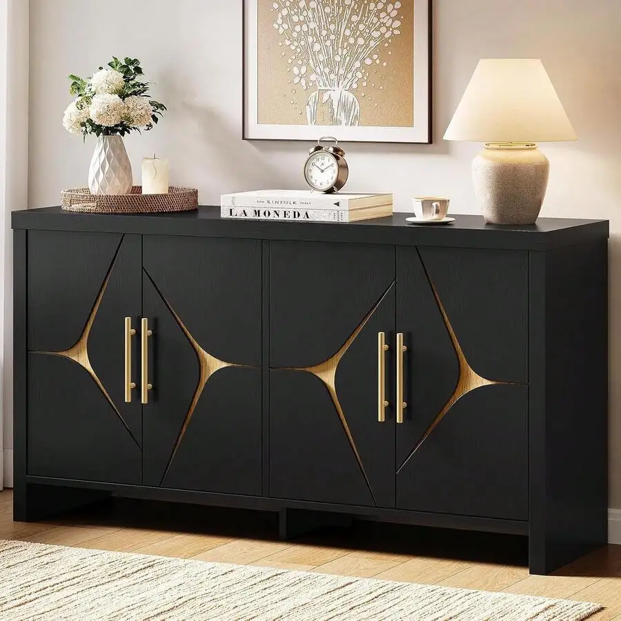 1 Modern Geometric MDF Adjustable Shelves & 4 Door Storage 55 Inch Buffet Cabinet For Dining Room, Living Room And Hallway