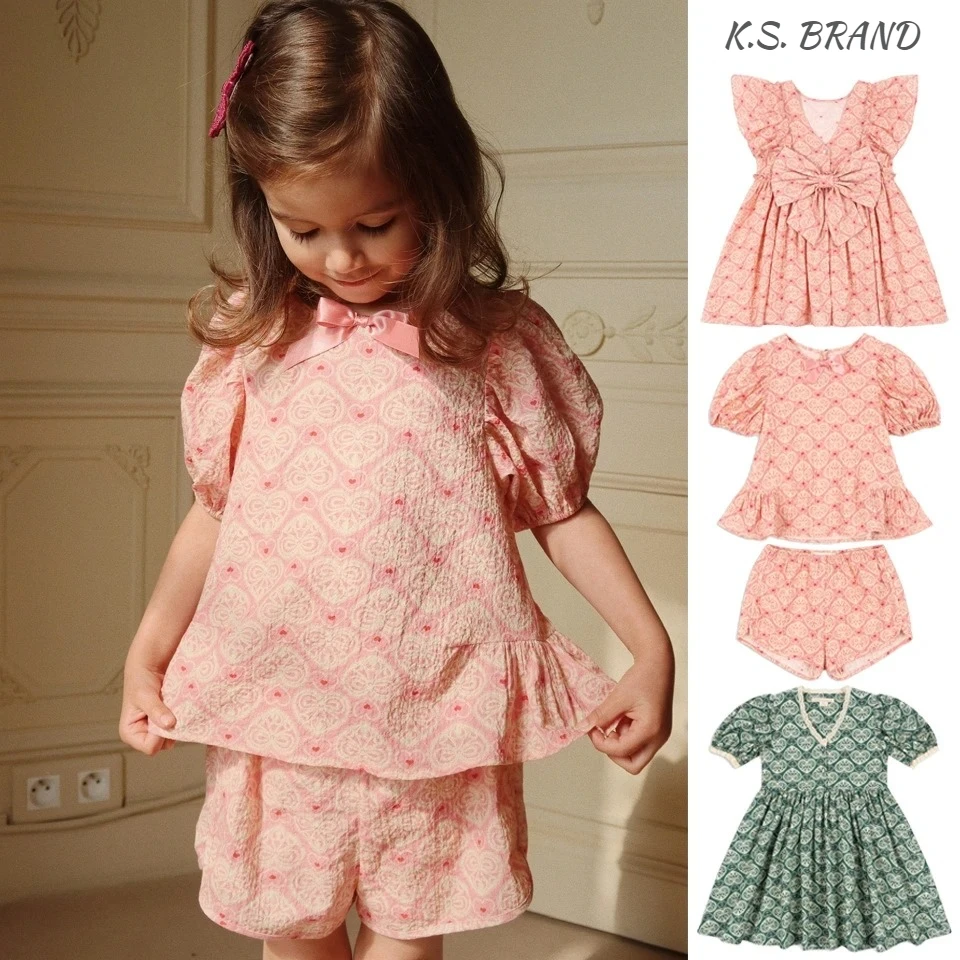 

2025 KS Summer New Baby Girls Bow Princess Dresses Kids Cotton Clothes Girls T Shirts Shorts Suits Children Party Dress Vestido