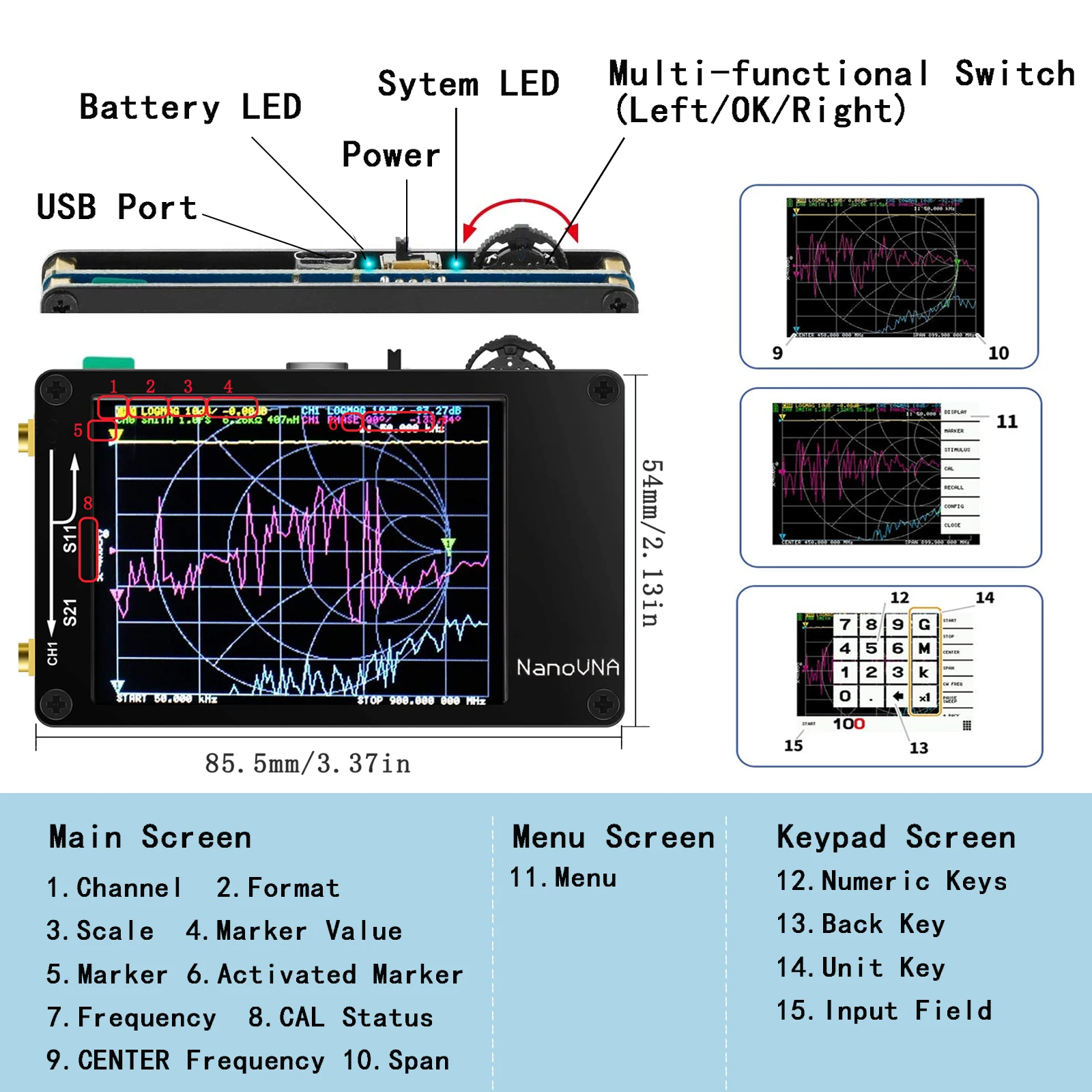 New 2.8 inch LCD Display NanoVNA VNA HF VHF UHF UV Vector Network Analyzer Antenna Analyzer + Battery