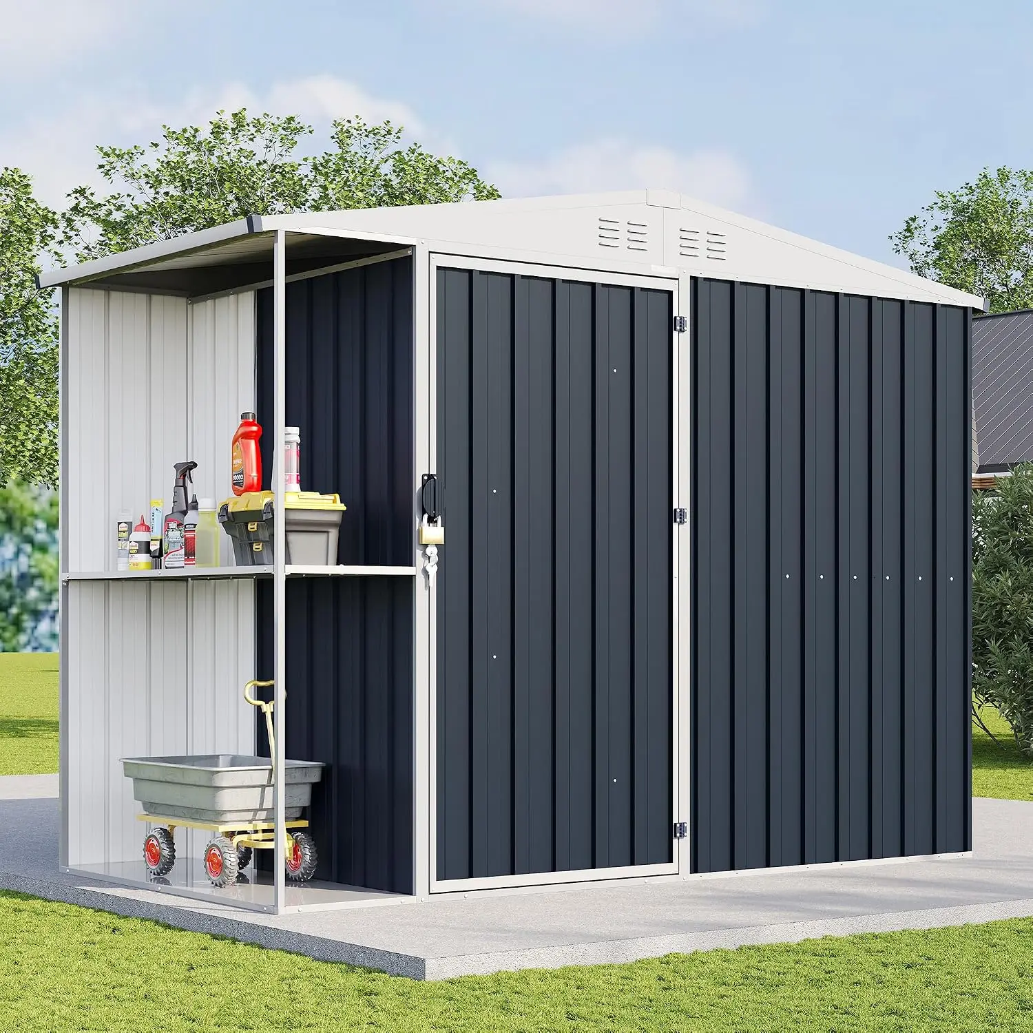 8x4x6 FT Backyard Storage Shed with Shelving Rack
