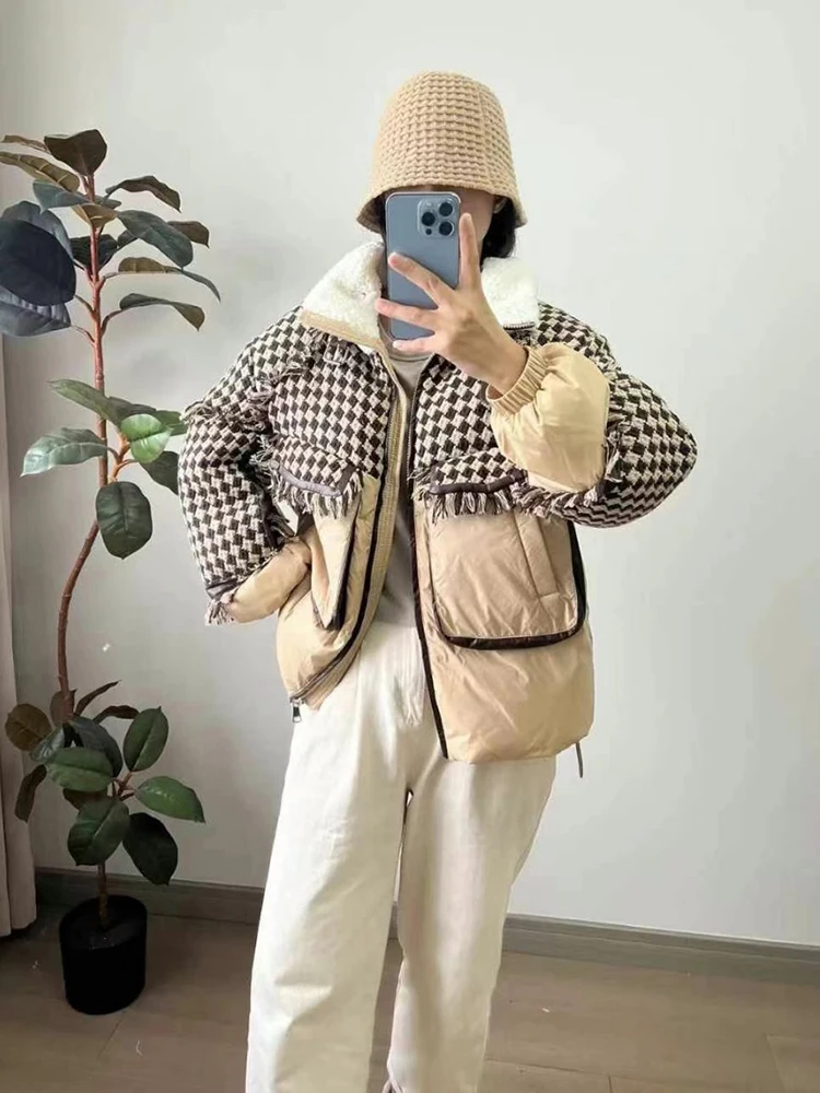 

Winter Grid Splicing Stand Collar Down Jacket Female Drawstring Zipper Warm Parka Outwears Women White Duck Down Jacket Overcoat