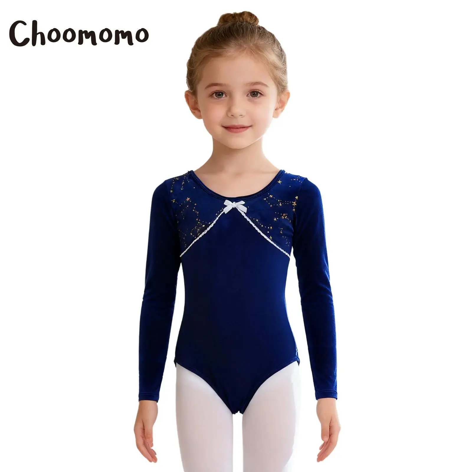 

Kids Girls Velvet Ballet Leotard Long Sleeve Cute Bowknot Lace Trim Metallic Stars Bodysuit Ballerina Dance Practice Performance