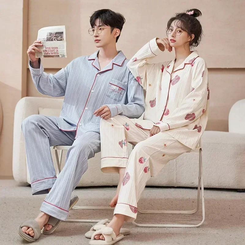 Set Donna Coppia Per Il Tempo Libero Pigiama di Cotone Autunno Per La Primavera Degli Uomini Degli Indumenti Da Notte Moda Pigiama Nuovo Ins Kinitted Pjs Set