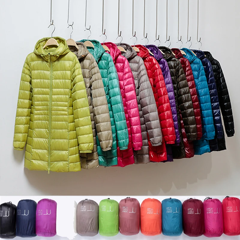 Chaqueta de plumón de pato acolchada larga y ligera para mujer, Parkas acolchadas de plumas, abrigo, cortavientos, abrigos de invierno con presión en frío