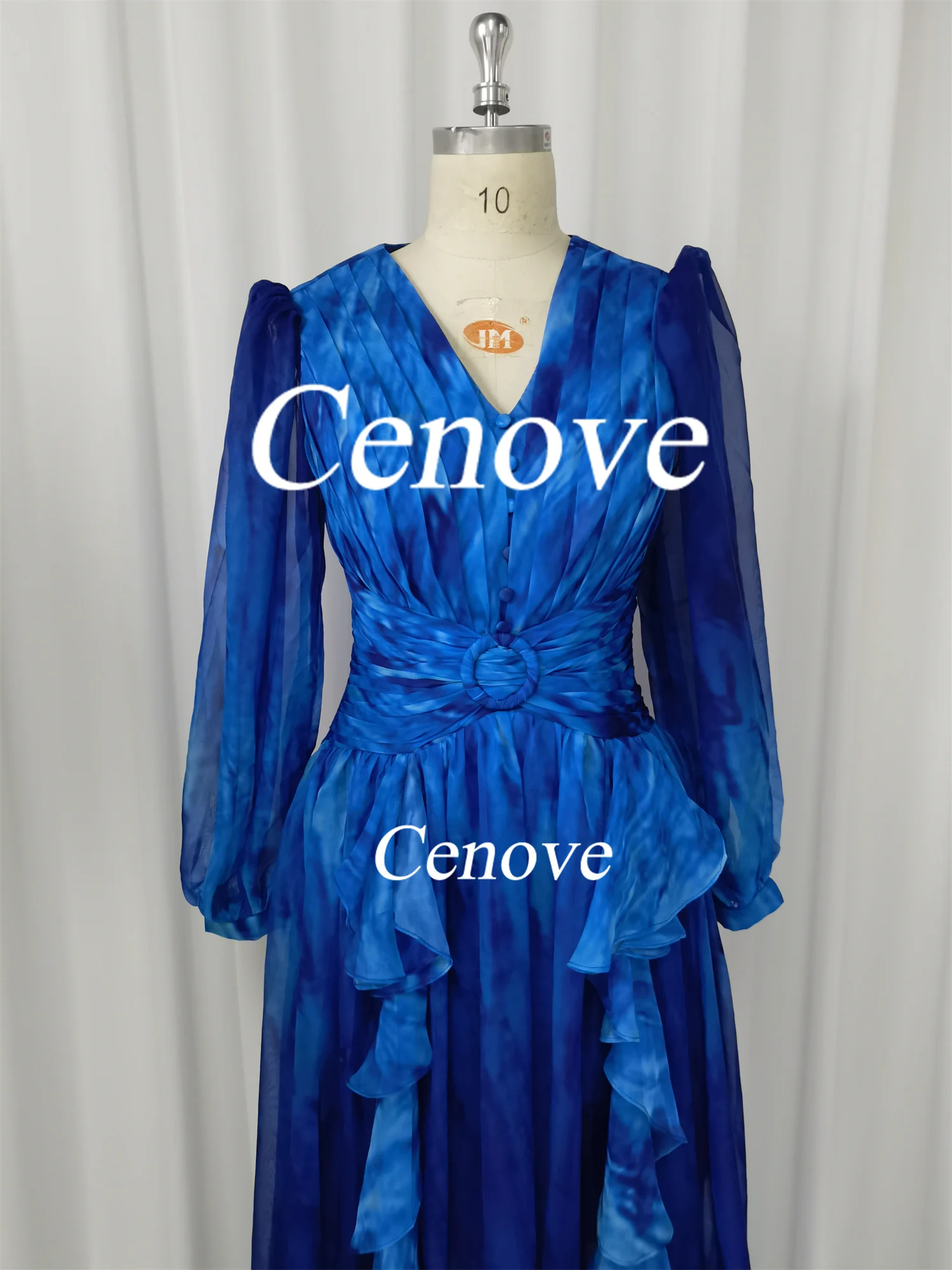 Cenove Blue A-Line  V-Neckline Prom Dress Lace Long Sleeves Evening Summer Elegant Party Dress For Women