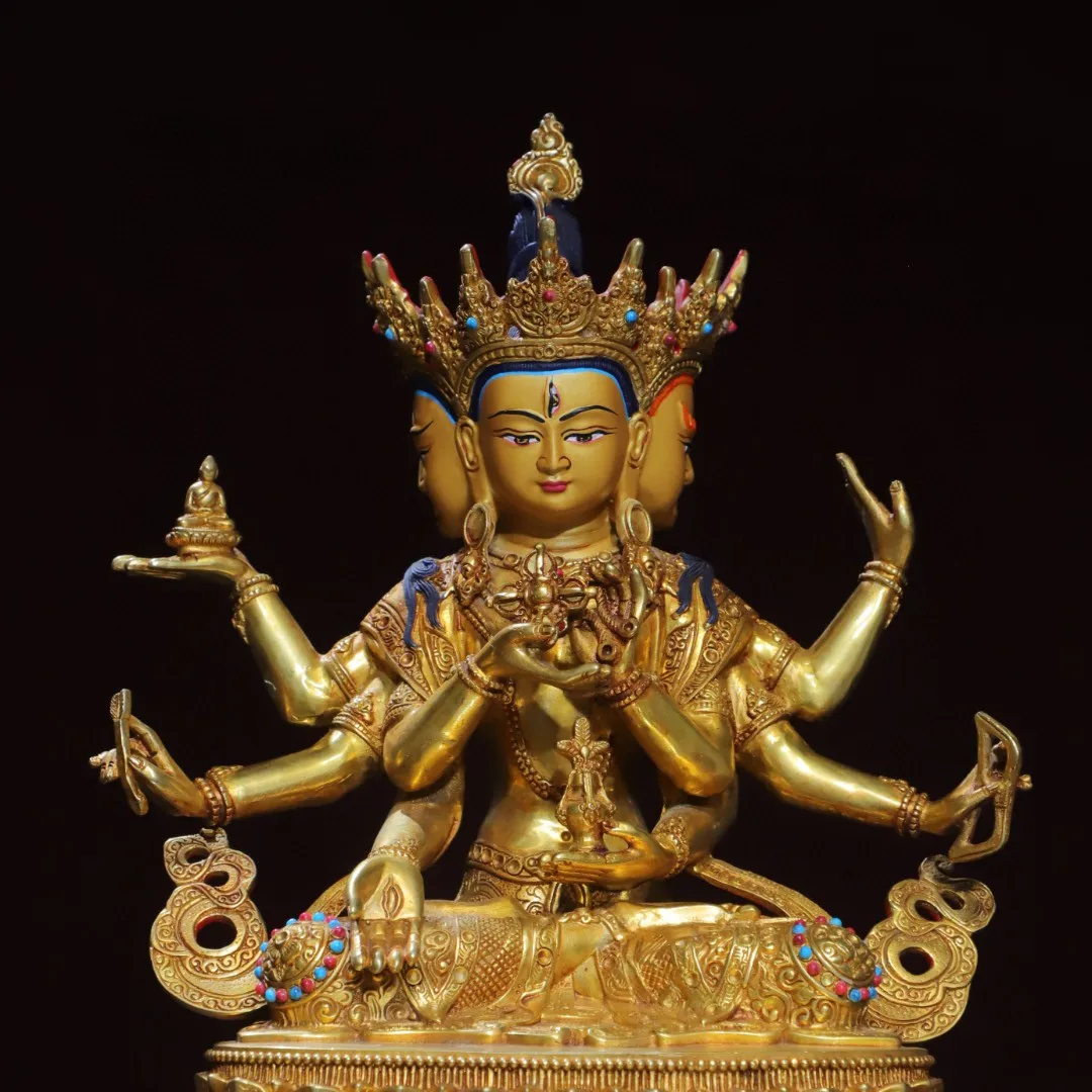 Tibetan brass gilt painted three sides and eight arms, Zunsheng Buddha, Tara Guanyin ornament, home Buddhist hall ornament 30 cm