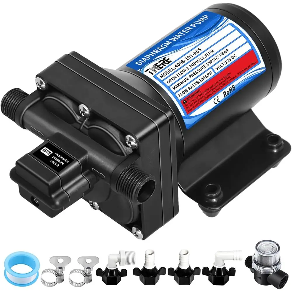 

4008-101-A65/E65 RV Water Pump with Strainer,12V 55 PSI 3.0 GPM Camper Water Pump-1/2MNPT Connection,Fit for Camper,RV,Shower,Sp