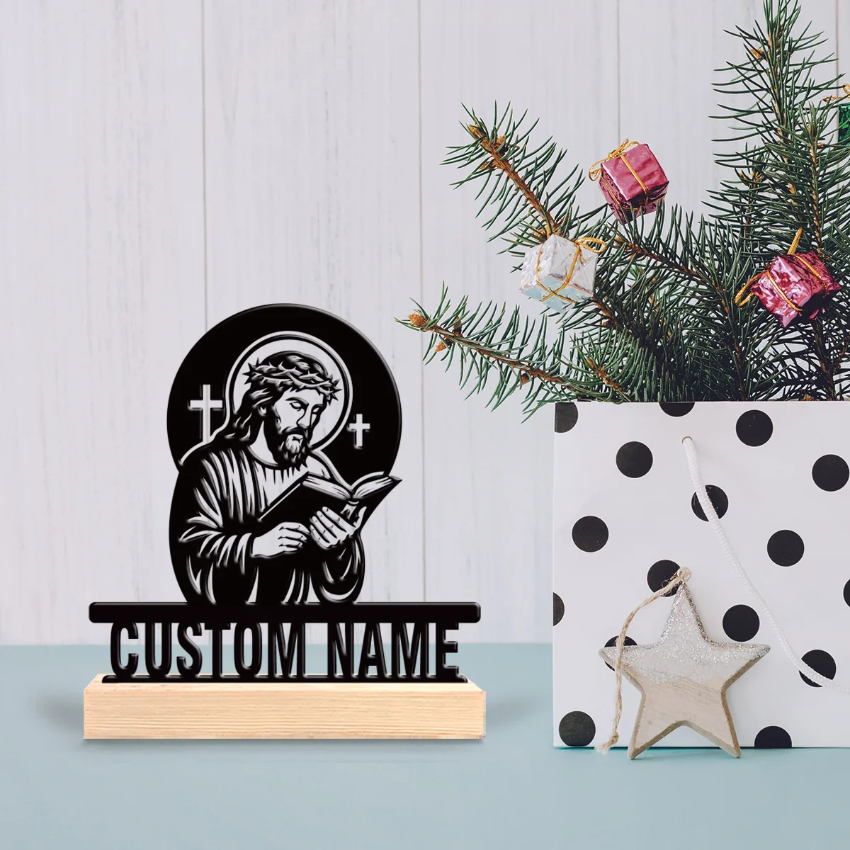 1pc Customizable Wrought Iron Desktop Decoration Custom Name With Wooden Base Holiday Gifts for Family and Friends