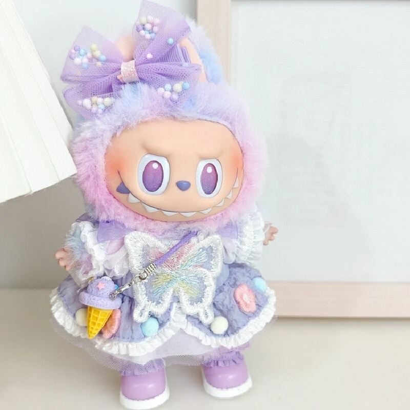 

Cute Cartoon Anime Peripheral Labubu Doll Model Third Generation Doll Pendant Purple Dress Clothing Accessories Toy Gift