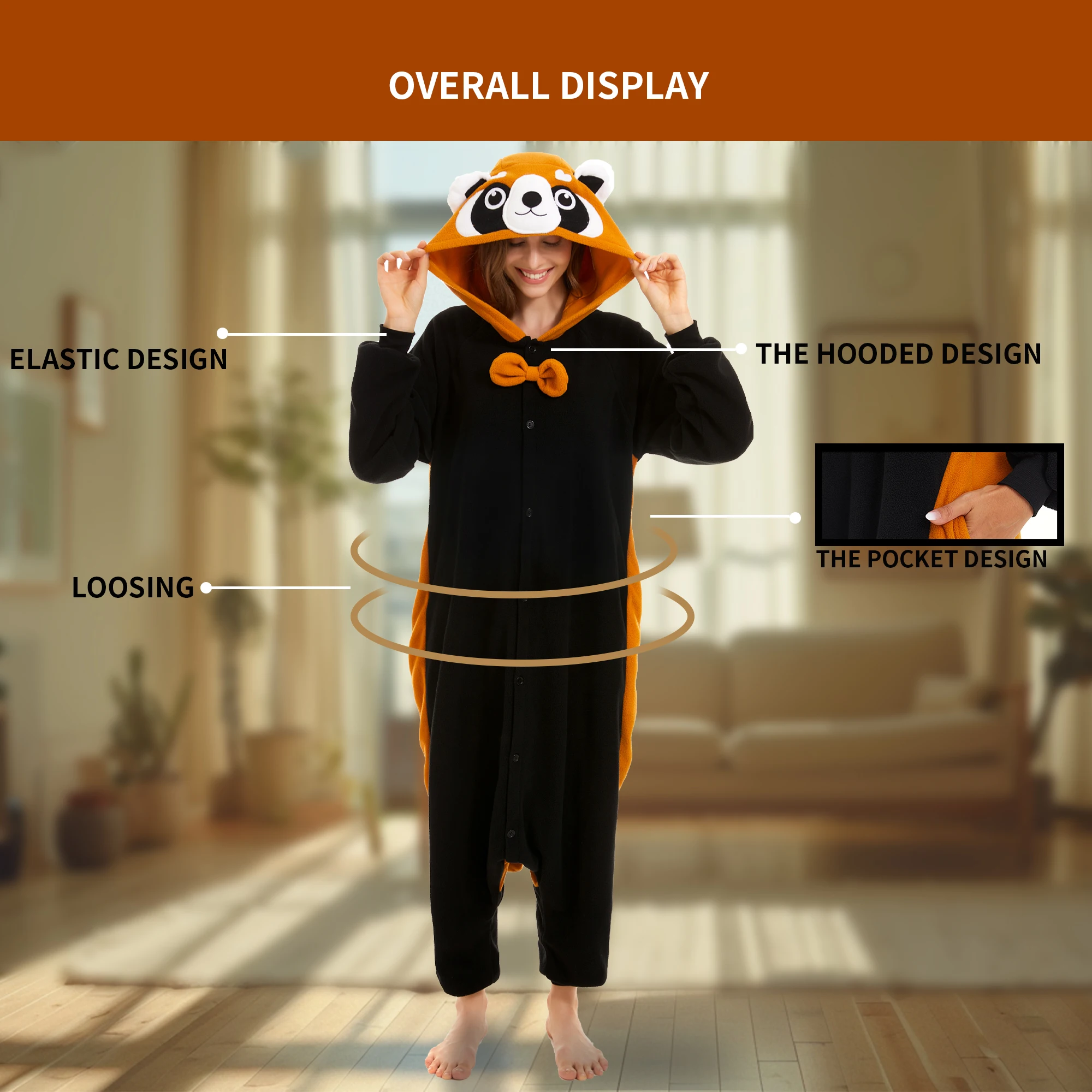 Red Panda Costume Suit Women and Men Winter Soft Hooded One-piece Pajamas Halloween Animal Cosplay Jumpsuit Onesie Sleepwear