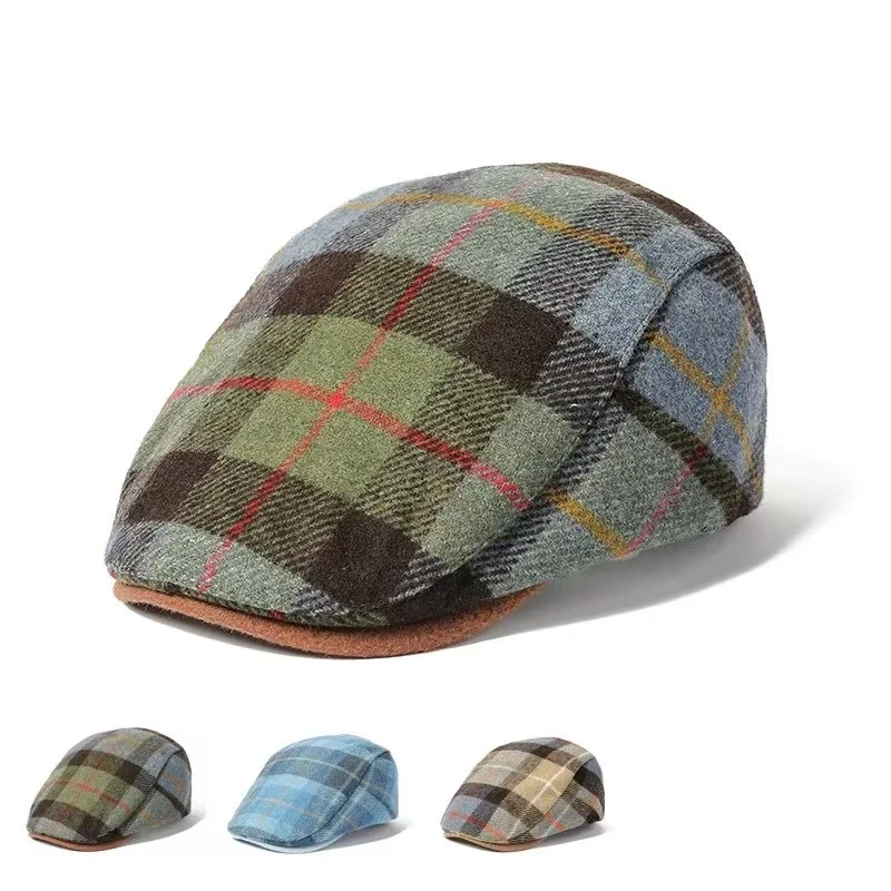 

Autumn Cotton Plaid Print Newsboy Caps Flat Peaked Cap Men and Women Painter Beret Hats