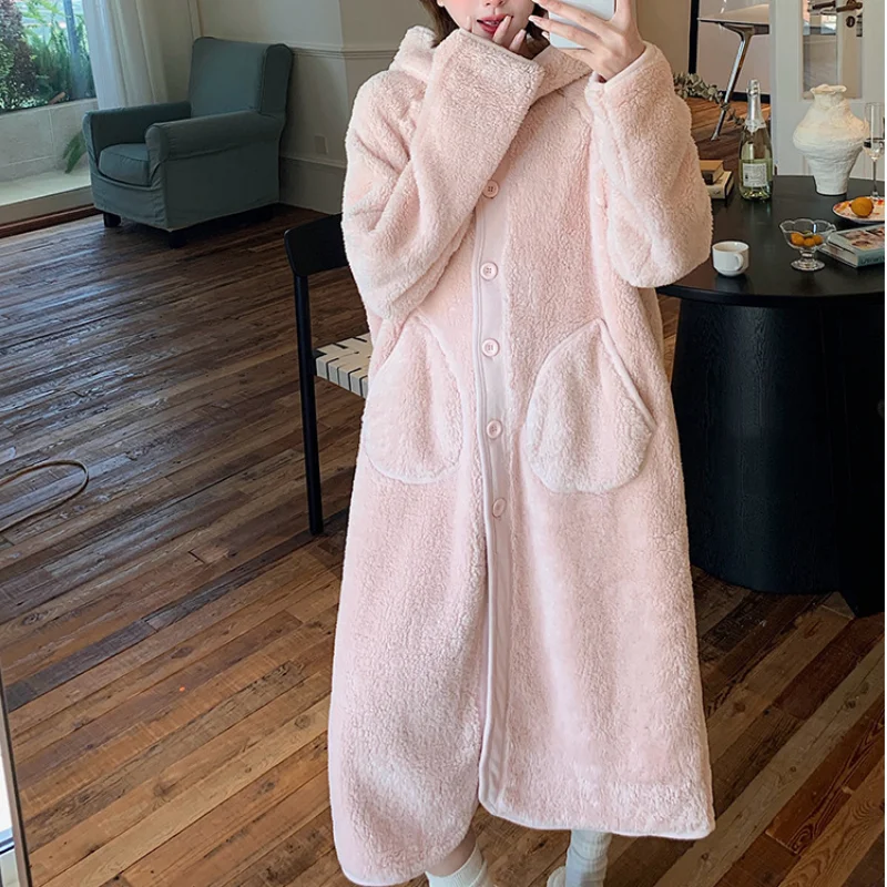 Flannel Long Sleeve Hooded Robe Thick Warm Coral Fleece Sleepwear Kimono Gown Nightwear Women Elegant Casula Button Home Clothes