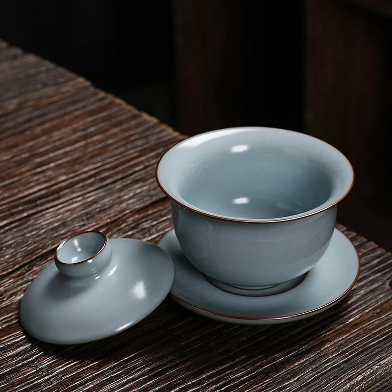 Chunxuan Tang Manual Ru Ware Cover Teacup Single Tea Brewing Bowl Ru-Porcelain Gaiwan Ceramic Tea Set Crackle Glaze