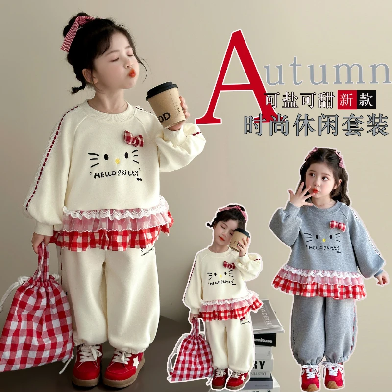 

Baby Girl Clothes Set Autumn Kid Hello Kitty Sweatshirts Pullover Plaid Top & Pants 2pcs Suit Children Tracksuits Sweet Outfits