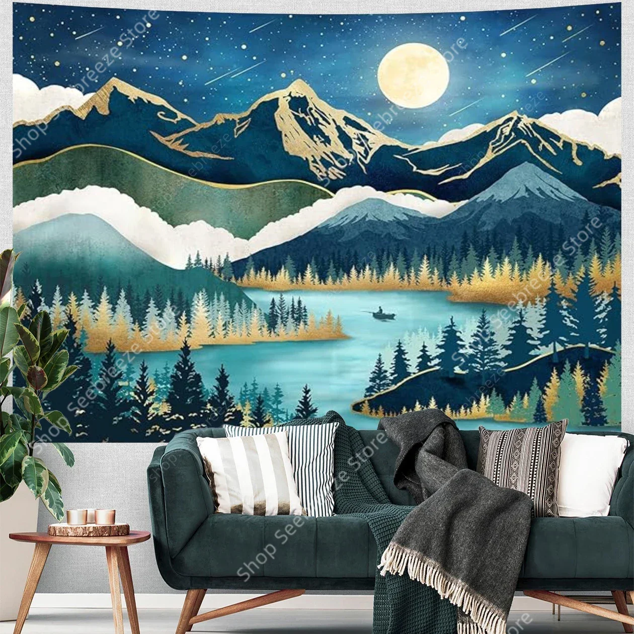 Mountain Lake Moon Starry Night Tapestry Tranquil Nature Wall Hanging Bedroom Living Room Decor Boho Camping Decorative Props