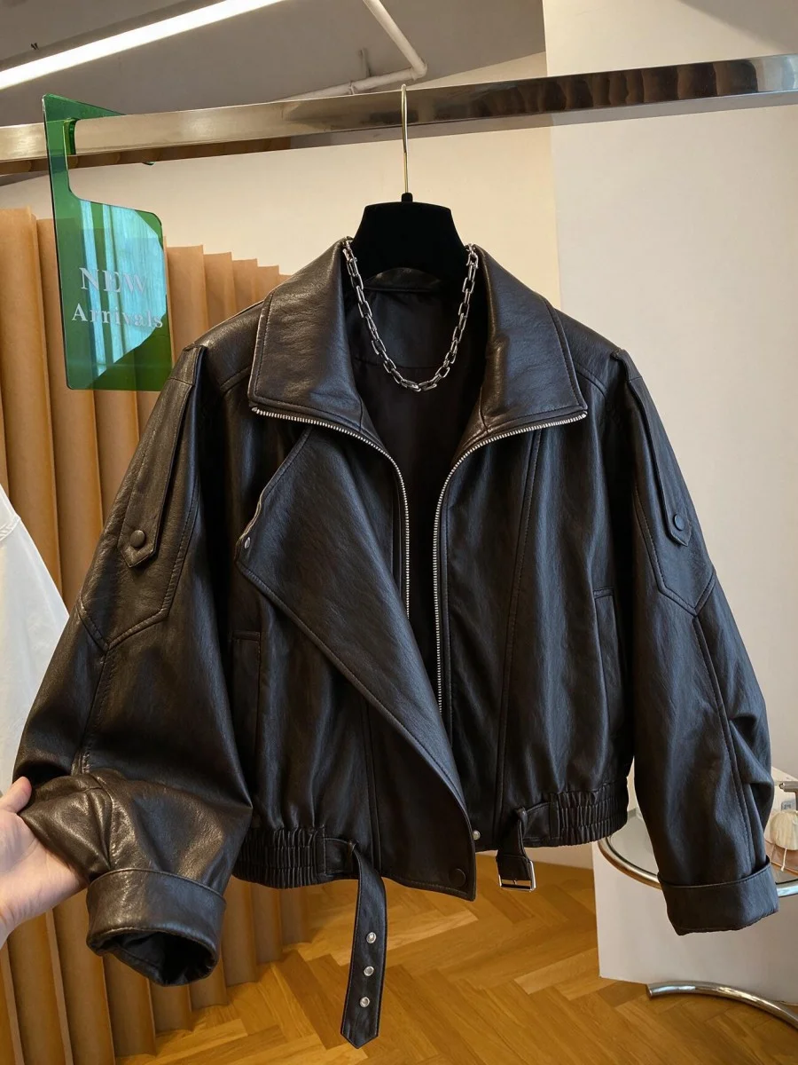 Cool Short PU Leather Jacket Women's Zipper Motorcycle Clothes Street Style Warmth Straight Tube Type Long Sleeve Pure Color
