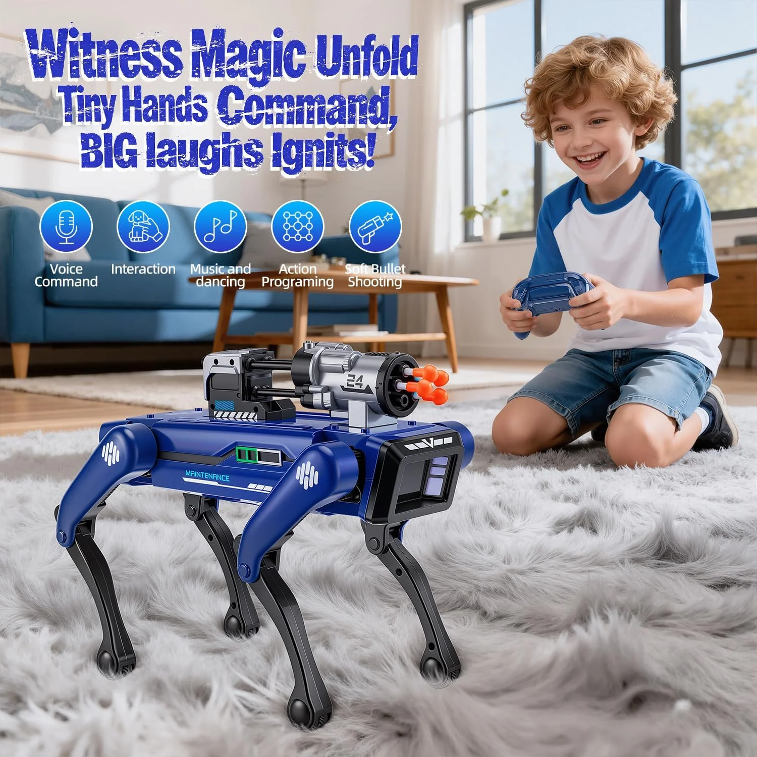 Playability: Multi mode robot dog, intelligent robot, soft launch, voice recognition, visual programming, holiday surprise gift