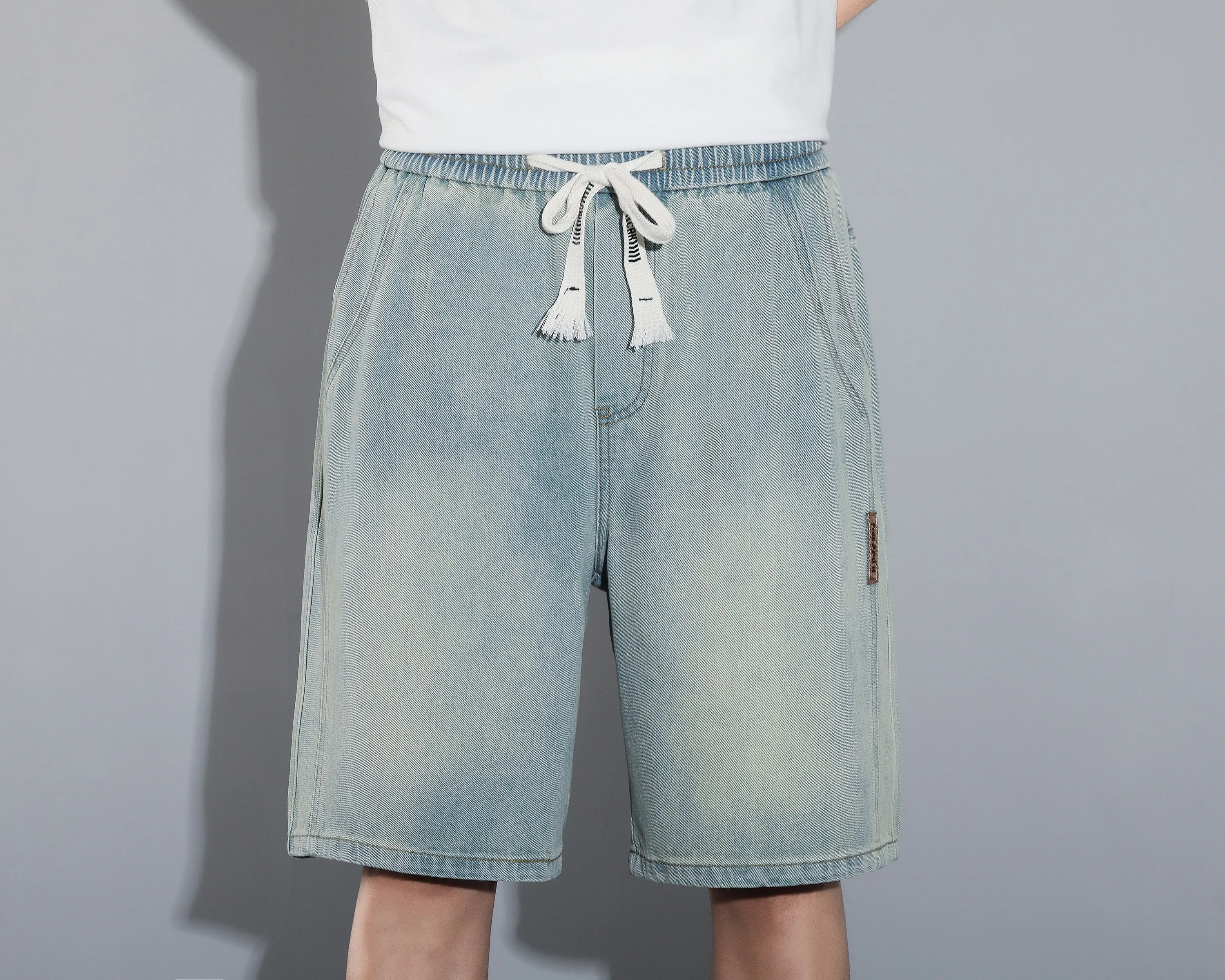 

Men's Stretch Cargo Shorts Vintage Style Lightweight Denim Fabric Summer Casual Loose Fit Youth Fashion Elastic Waist Drawstring