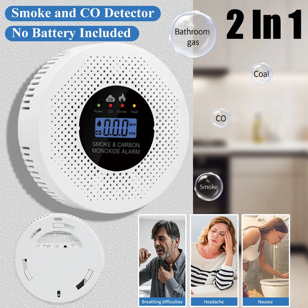 

Детектор дыма и угарного газа с ЖК-дисплеем, тестер сигнализации дыма и CO (без батареек) для дома, офиса, автофургона, отеля, детектор CO