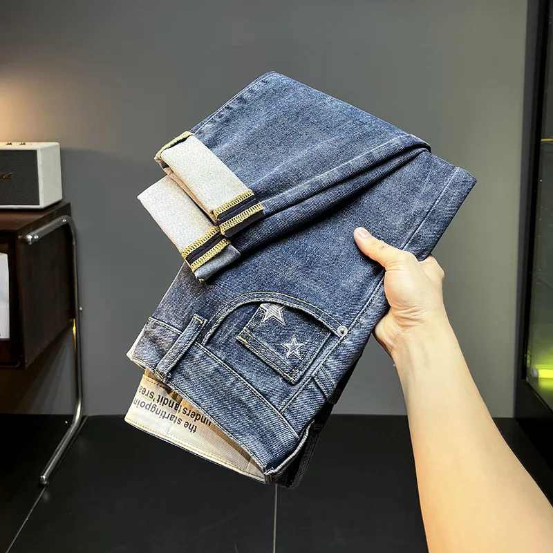 Blue jeans for men 2024 New elastic slim straight high-end fashion brand embroidery taped pants autumn denim men's clothing
