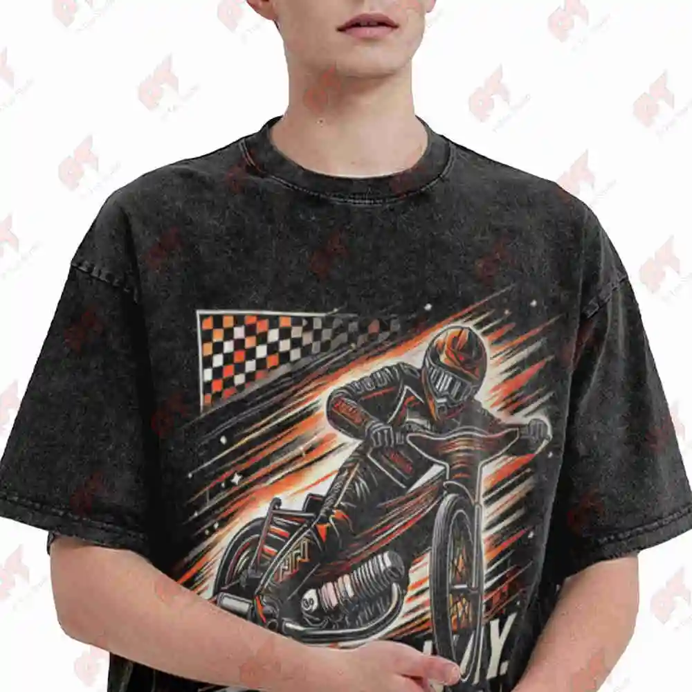 Motorcycle Speedway Racing Checkered Flag Vintage Washed Tee Pure Cotton T-Shirt