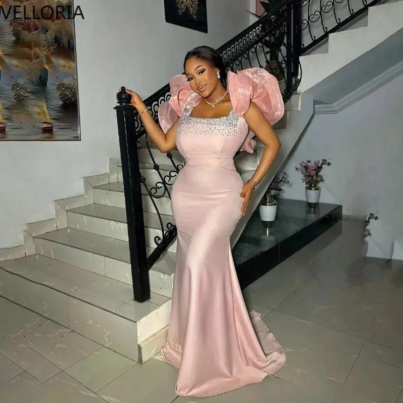 

Pink Satin Mermaid Prom Gown Luxury Beaded Spaghetti Strap Women's Formal Evening Dress African Birthday Dress Plus Size Custom