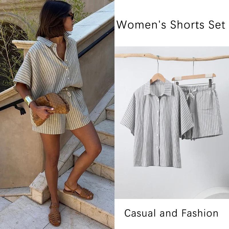 

Casual Striped Shirt Shorts Set Women Loose Lapel Short Sleeves Single Breasted Top Elastic Waist Shorts 2025 Summer Lady Outfit