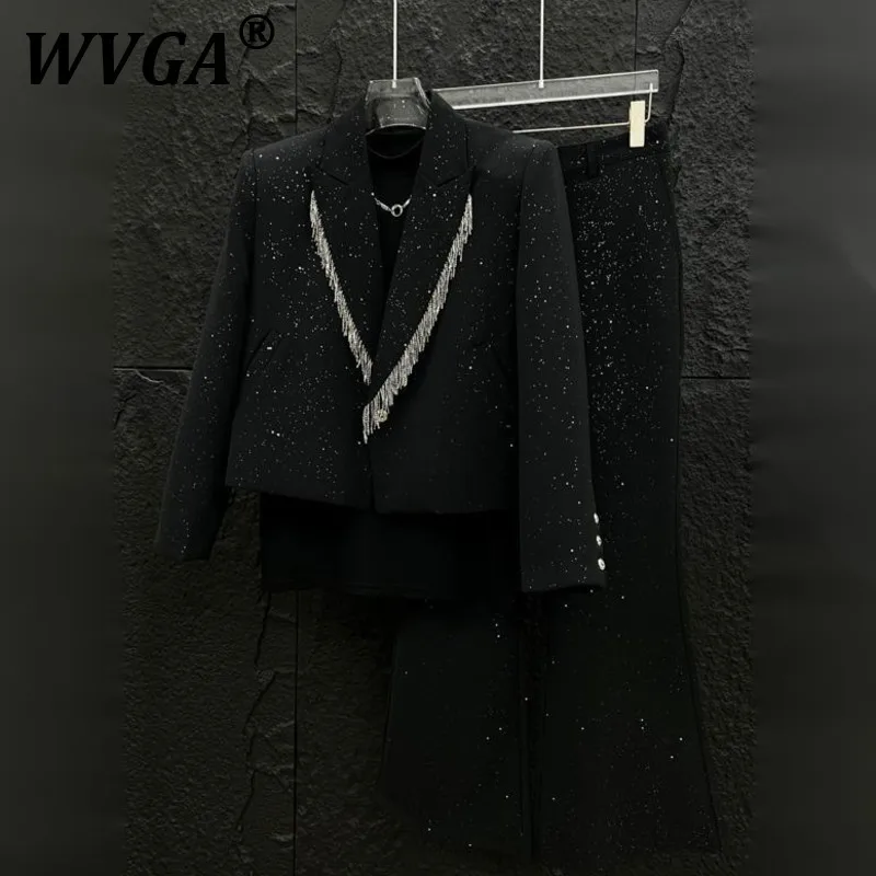 

WVGA Spring Autumn New Man Gypsophila Metal Tassel Shoulder Padded Fashion Blazer Niche Chic Casual Straight Flared Pants W9230