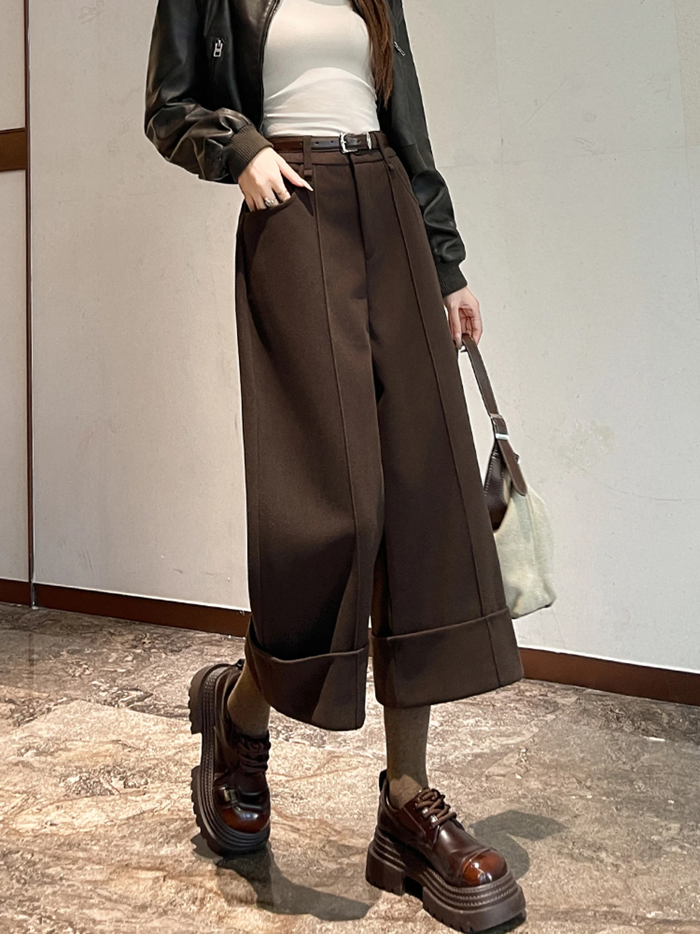 Pantaloni a Gamba Larga in Tweed da Donna, Vita Alta, Nuovi per Autunno e Inverno, Casual con Risvolto, Eleganti e Monocolore