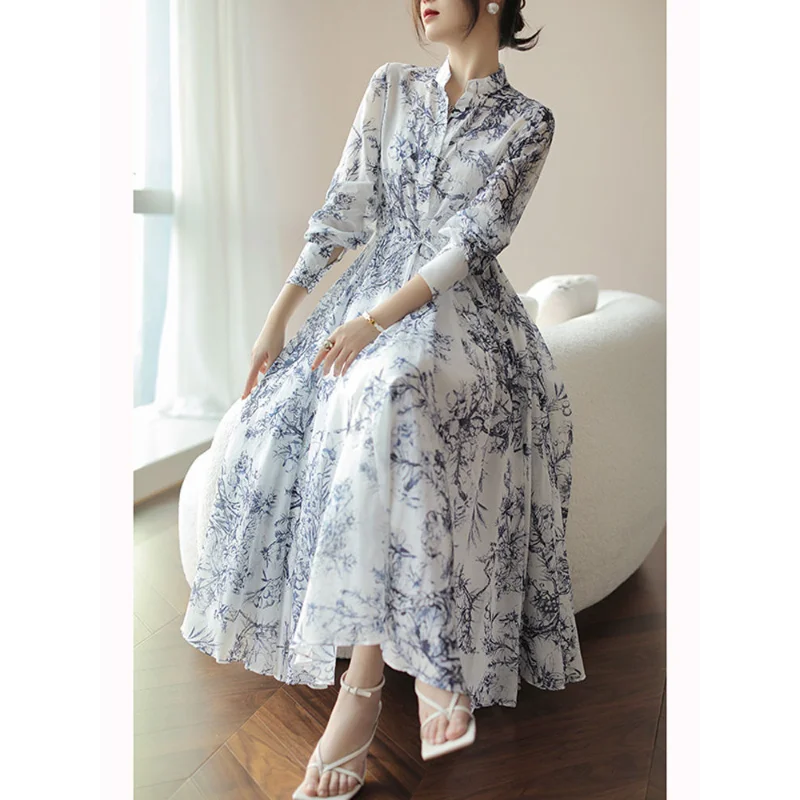 Theepauze Klassieke prints Chinese stijl High-end elegant temperament Veelzijdige taille-knuffelende mode Trendy jurk met lange mouwen