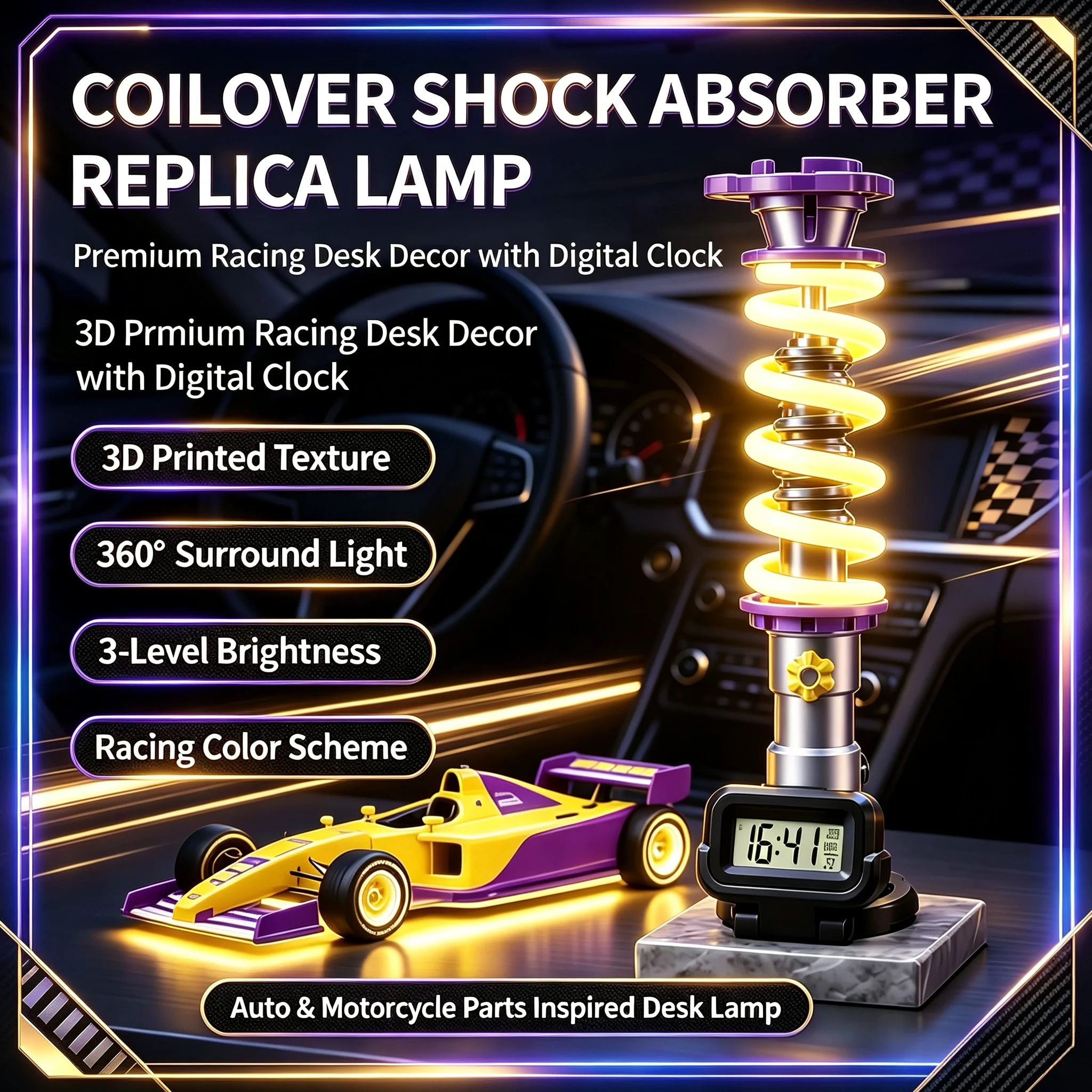 Luxury 3D Printed Coilover Shock Absorber Replica Lamp, Auto & Motorcycle Parts Inspired Desk Lamp, Racing Decor with Digital Cl