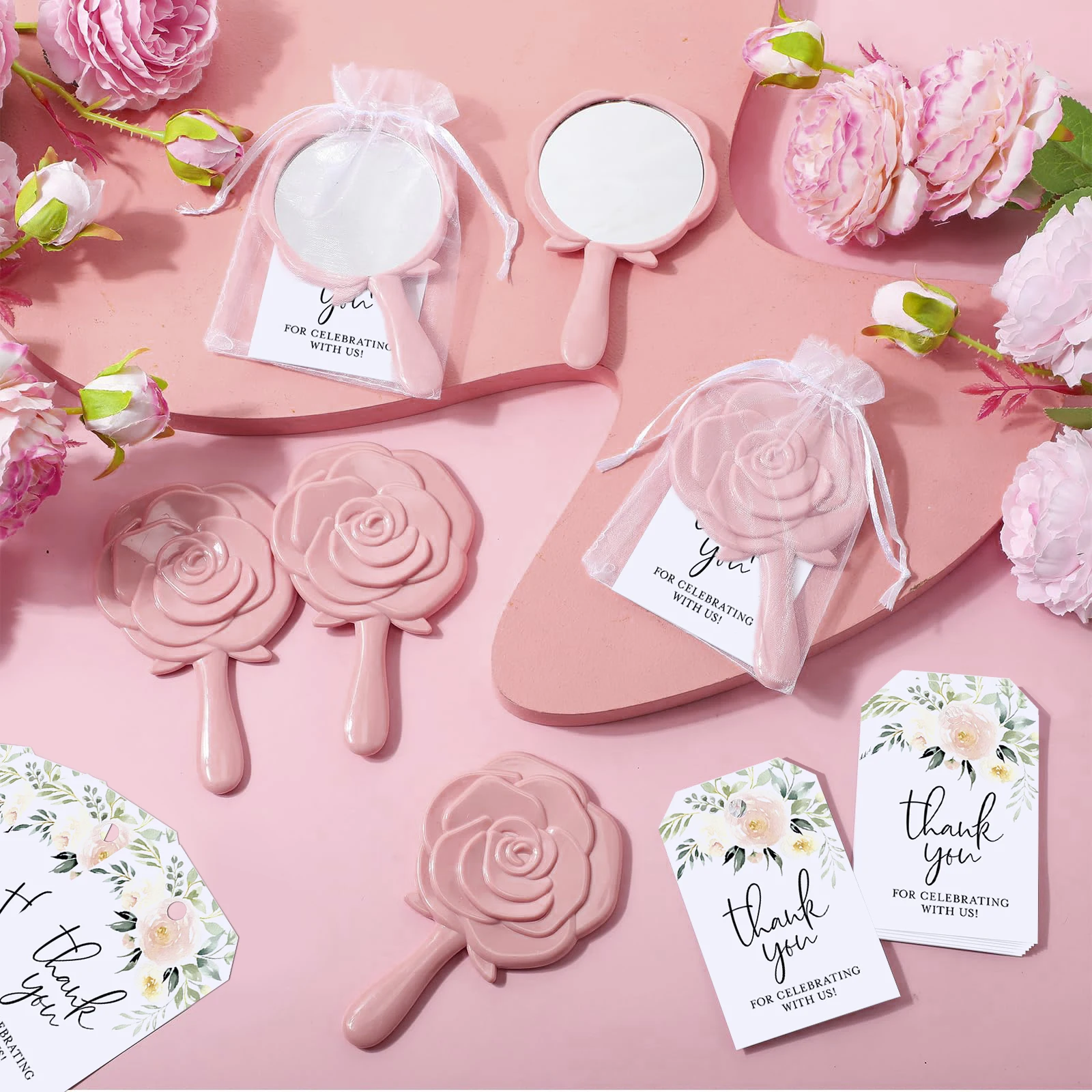 6 Sets Bridal Shower Favors Rose Design Mirrors Plastic Compact Mirrors Bridal Thank You Cards with Organza Bags Wedding Party G