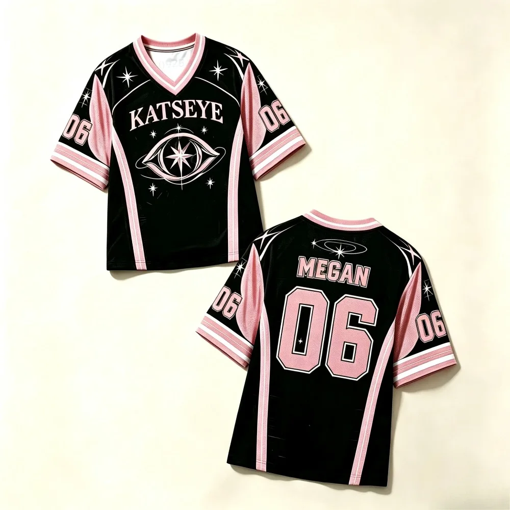 2026 Hot Sells Y2K KATSEYE Style Printed Colorblock T-shirt Summer V‑Neck Fashion Short Sleeve Soccer Jersey Top Family Matching