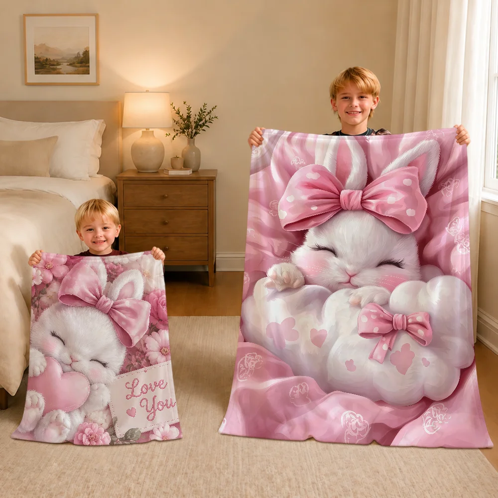 Kawaii White Bunny Pink Bow Sleep Warm Soft Plush Blanket For Sofa Living Room Nap Home Bedroom Travel Gift Flannel Pet Hogar