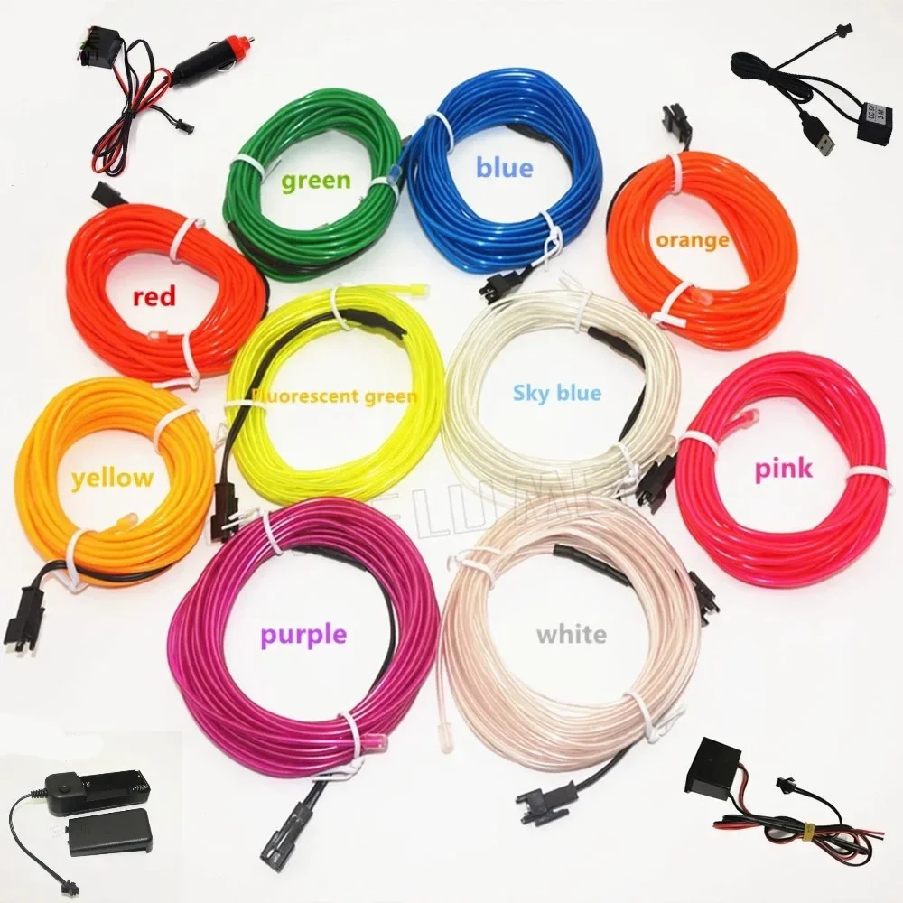 2m/3m/5m Flexible EL Wire 3V Battery Box/5V USB Driver/12V Driver/Car Cigaret Driver LED Neon Light Car Outline Decoration Light