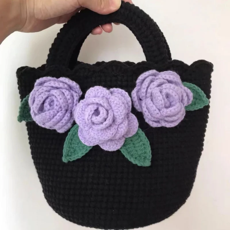 Exquisite and cute small basket, hand woven three-dimensional camellia wrist bag, mobile phone miscellaneous storage bag