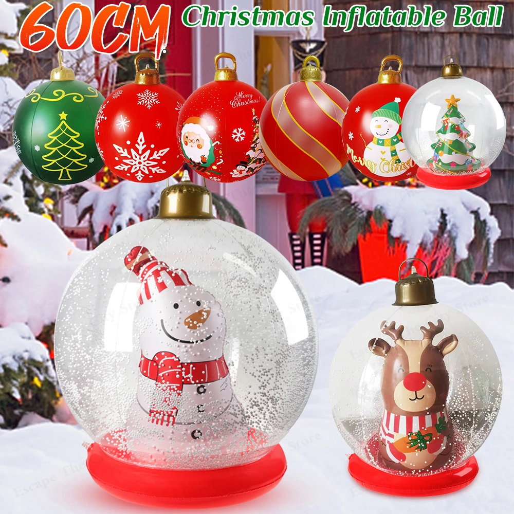 60cm Christmas Inflatable Decorated Ball with LED Light Remote Control Xmas Decorated Large PVC Ball for Porch Lawn Garden