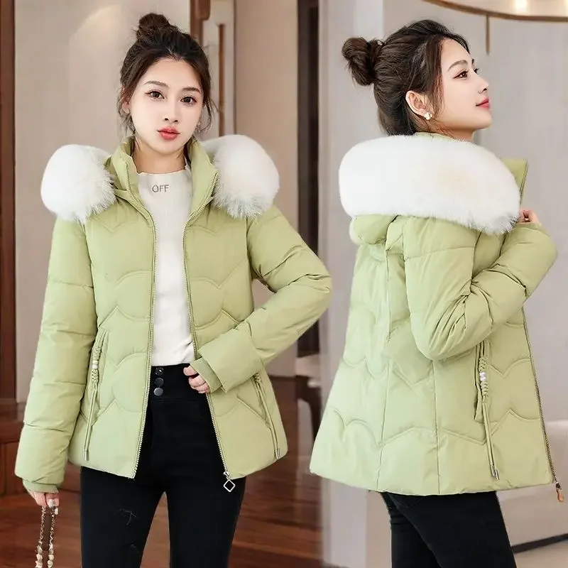 Ladies Winter Coat Women Fur Collar Hooded Jacket Woman Casual Warm Outerwear Jackets Female Girls Black Clothes BVA1333