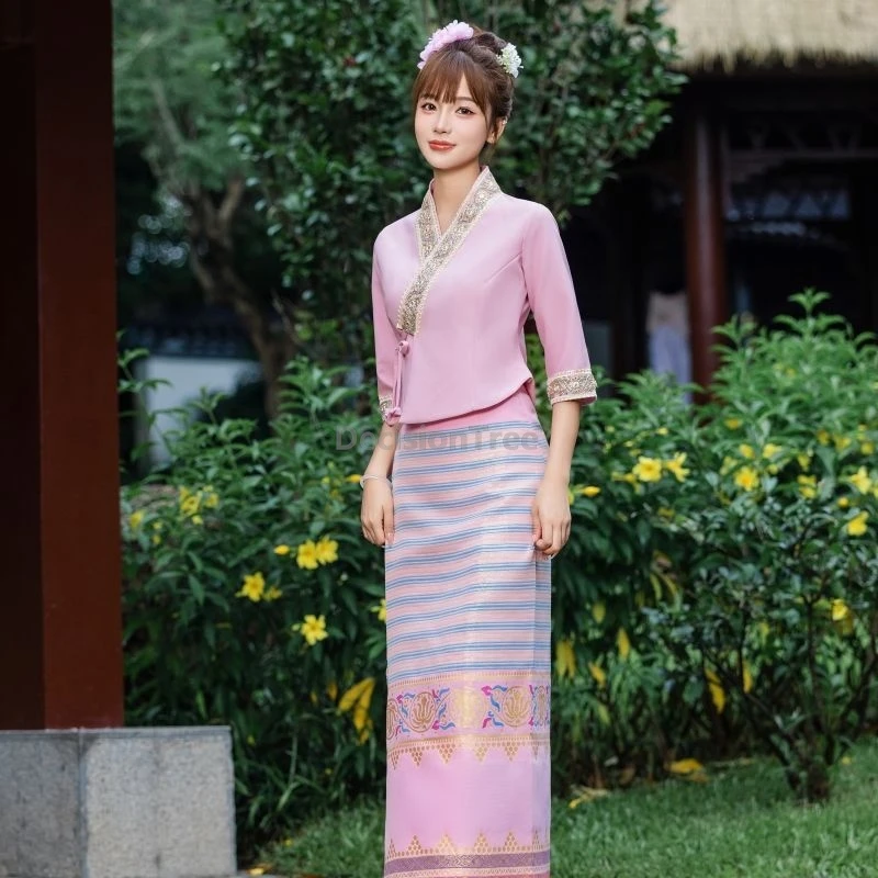 Traditional women thailand clothing chinese Dai ethnic style lacing hanfu top straight skirt elegant dignified temperament set