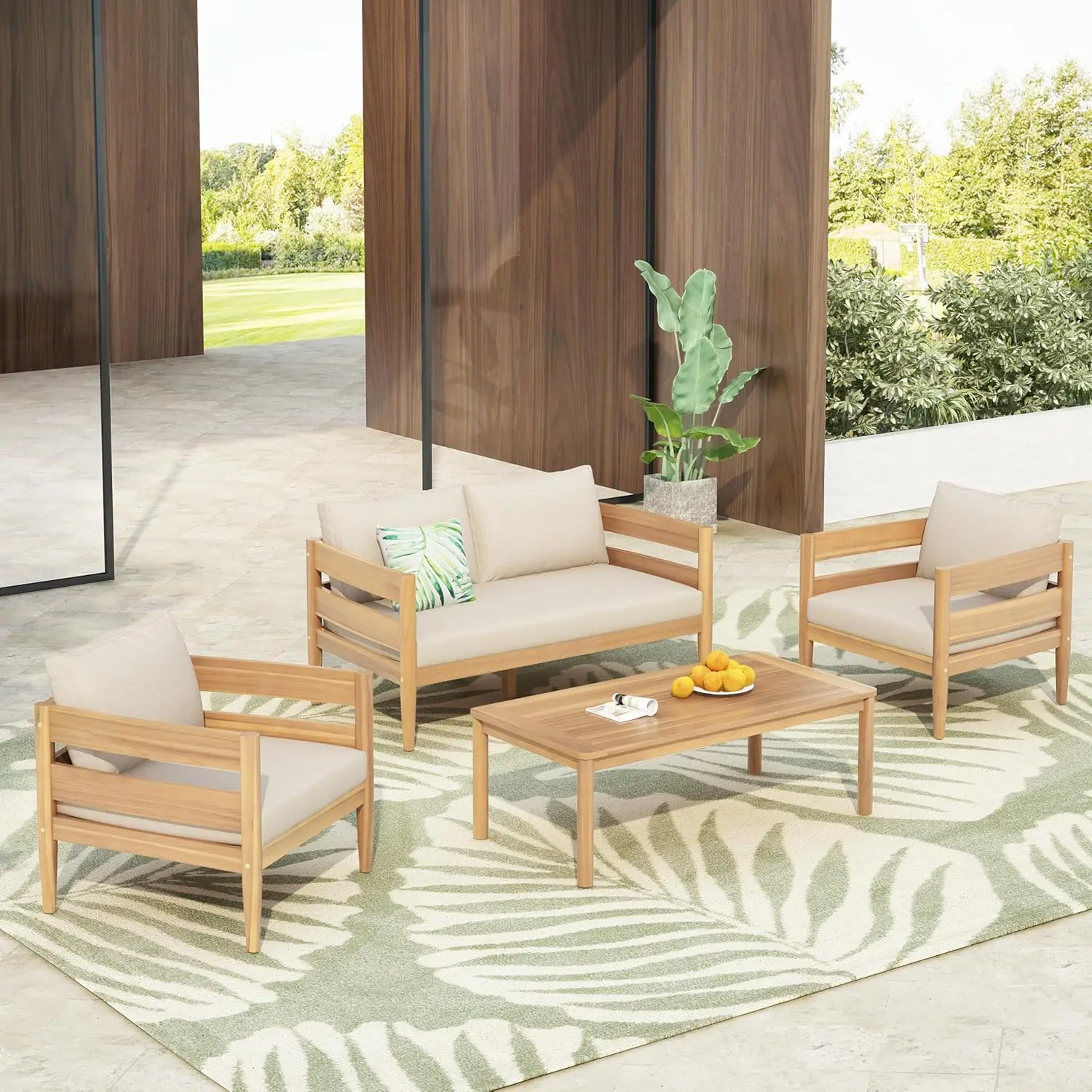 

4-Piece Acacia Wood Patio Furniture Set Outdoor Conversation Sofa & Chairs & Coffee Table 4-Seater Backyard Balcony, Customized