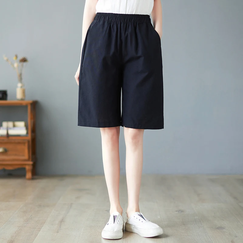 High Waist Cotton Linen Wide Leg Casual Pants Women's Thin Five-Point Straight Tube Pants Casual Versatile Summer Trousers
