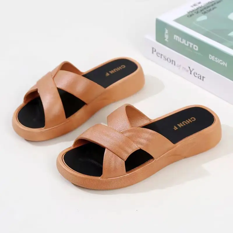 

New Women's Summer Wedges One Word Slipper Thick Sole Non Slip Home Slipper Outdoor Beach Slipper Bathroom Slipper