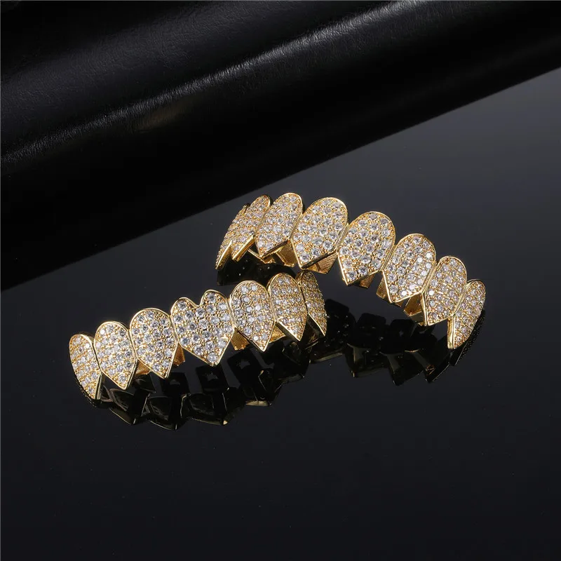 RACHELZ CZ Stone Heart Teeth Grillz Fangs Hip Hop Gold Silver Color Cubic Zircon Tooth Caps For Women Men Body Jewelry Cosplay