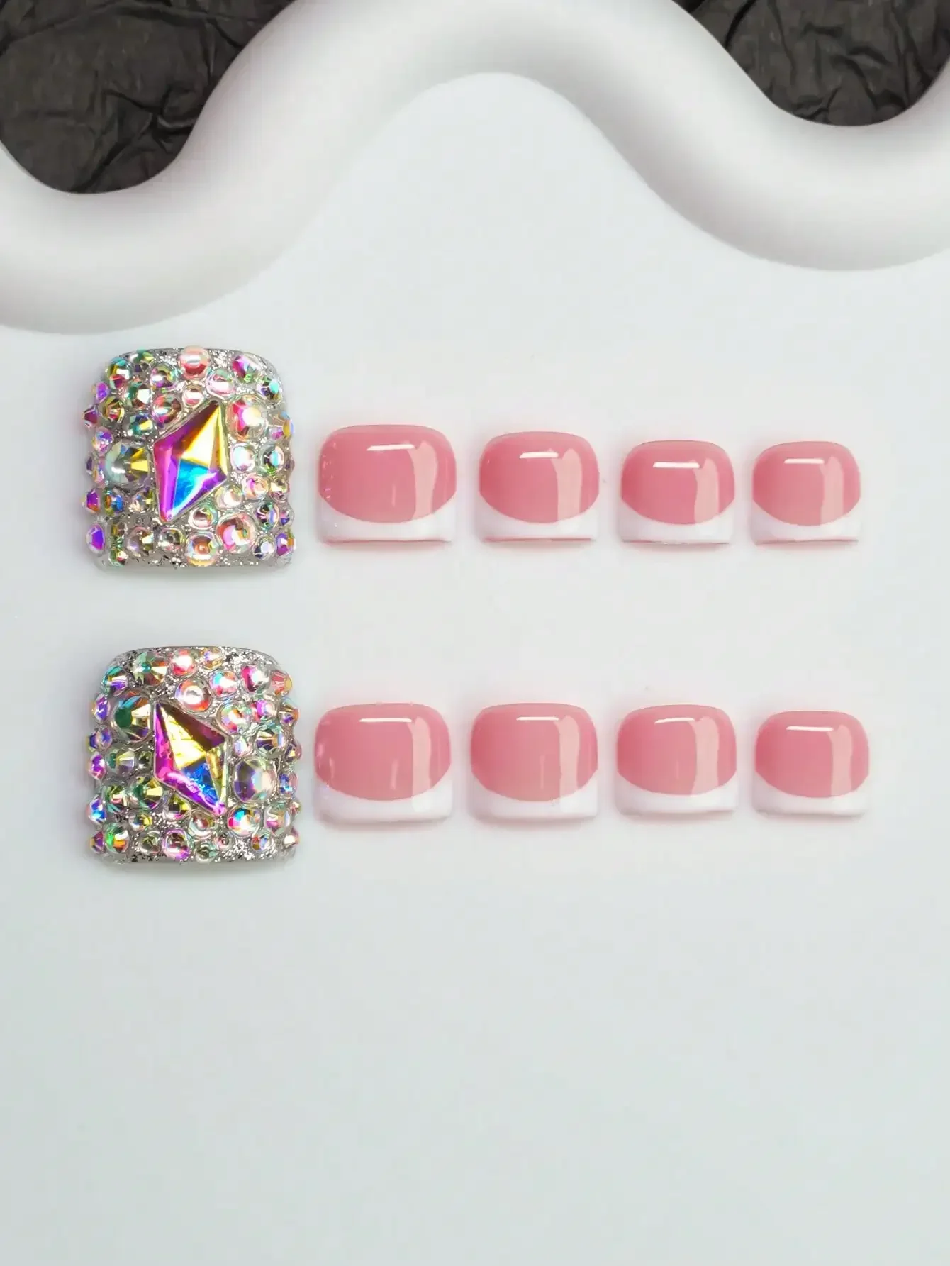 

14pcs Y2K Style Handmade Nail Stickers, Nude & White French Tip Design With Rhinestone Elements, Suitable For Party