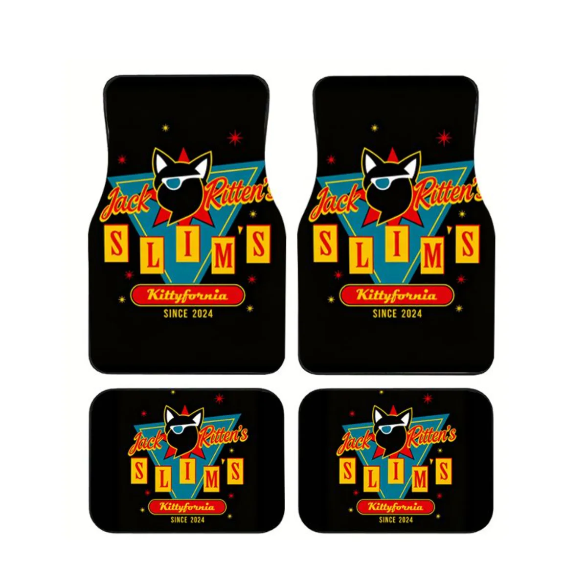

4Pcs Jack Ritten's Slims Kittyfornia Cat Logo Car Floor Mats Retro 80s Vibe Funny Auto Carpets Set Interior Accessories For SUV
